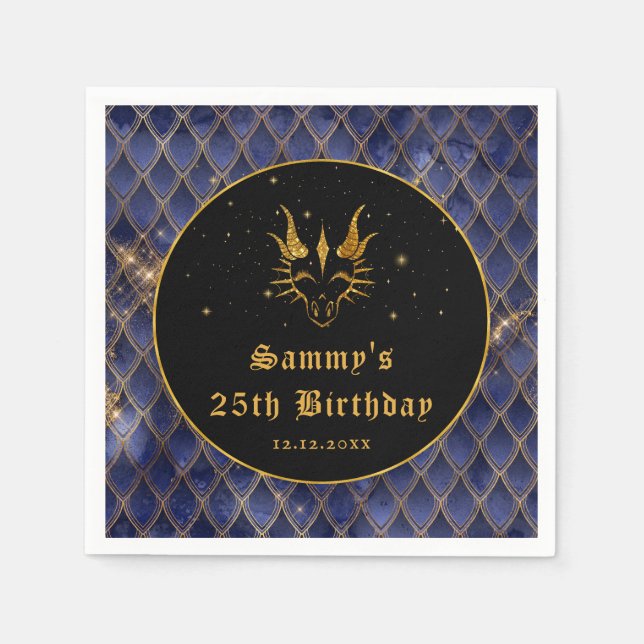 Navy Blue Dragon Scales Gold Faux Glitter Birthday Napkins (Front)