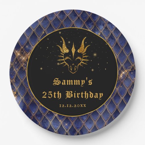 Navy Blue Dragon Scales Gold Faux Glitter Birthday Paper Plates