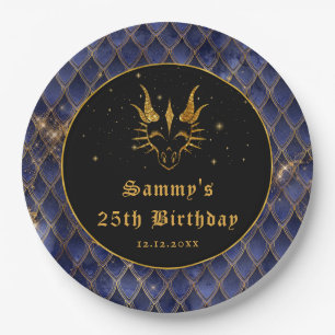 Navy Blue Dragon Scales Gold Faux Glitter Birthday Paper Plates