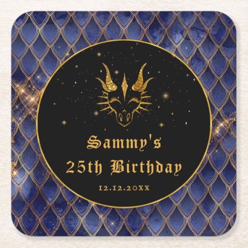 Navy Blue Dragon Scales Gold Faux Glitter Birthday Square Paper Coaster