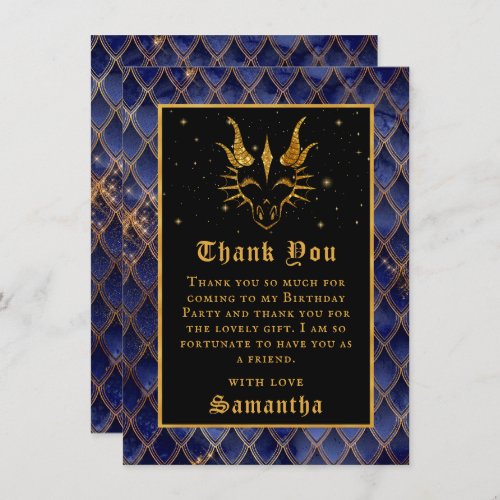 Navy Blue Dragon Scales Gold Faux Glitter Birthday Thank You Card