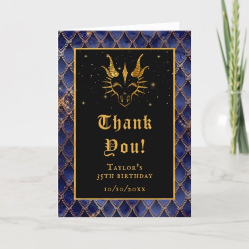 Navy Blue Dragon Scales Gold Faux Glitter Birthday Thank You Card