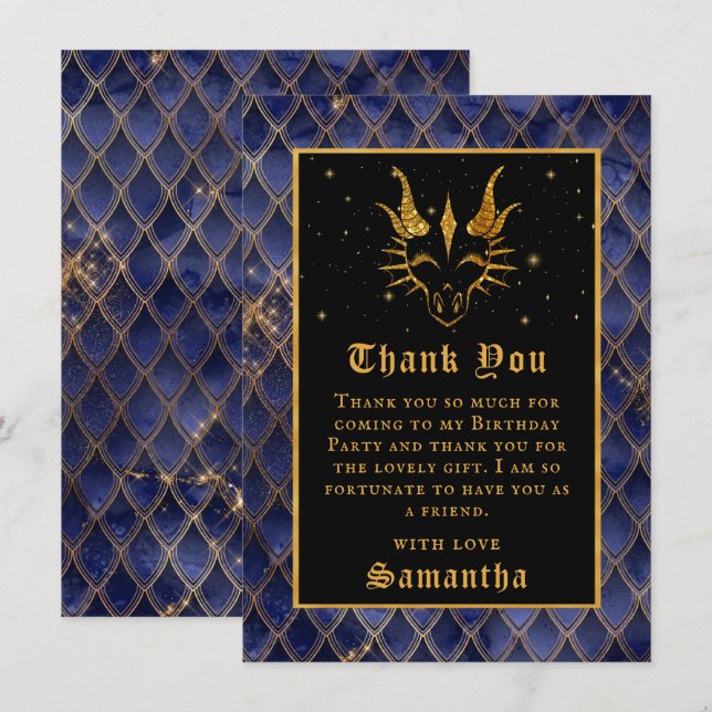 Navy Blue Dragon Scales Gold Faux Glitter Birthday Thank You Card (Front/Back)