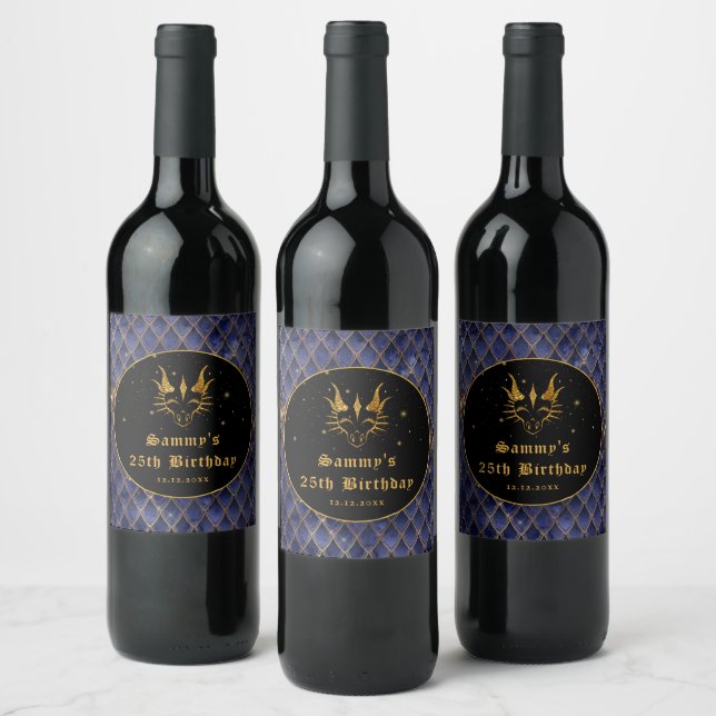Navy Blue Dragon Scales Gold Faux Glitter Birthday Wine Label (Bottles)