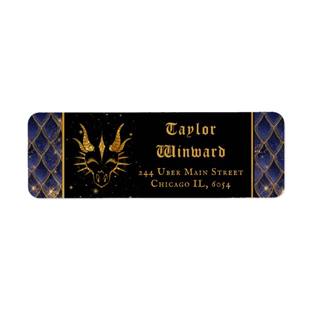 Navy Blue Dragon Scales Gold Faux Glitter Label (Front)