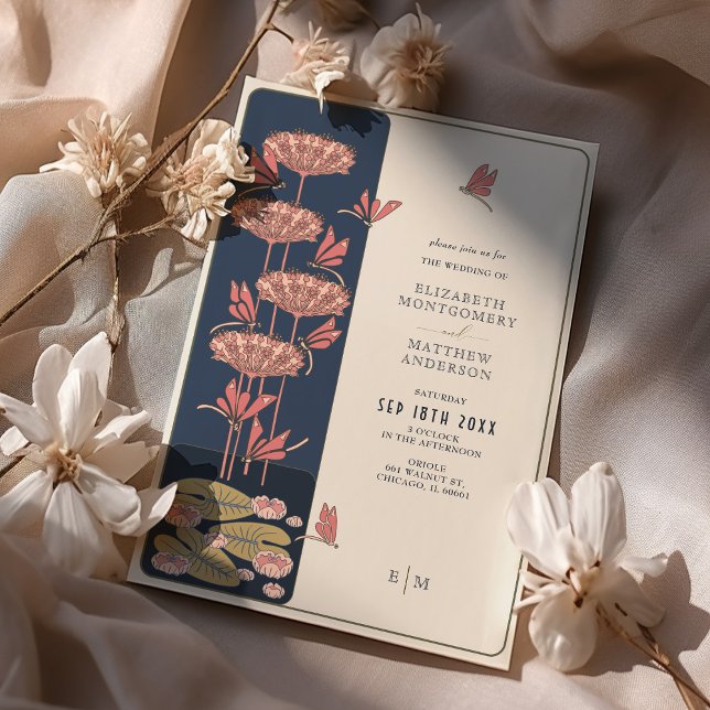 Navy Blue Dragonfly Belle Epoque Nouveau Wedding Invitation (Creator Uploaded)