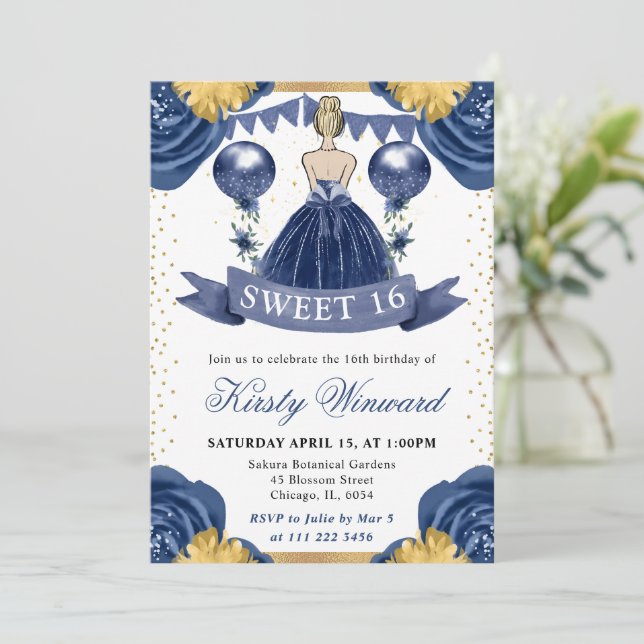 Navy Blue Dress Blonde Haired Princess Sweet 16 Invitation (Standing Front)