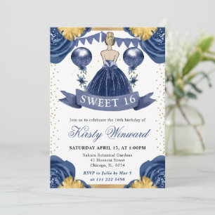 Navy Blue Dress Blonde Haired Princess Sweet 16 Invitation