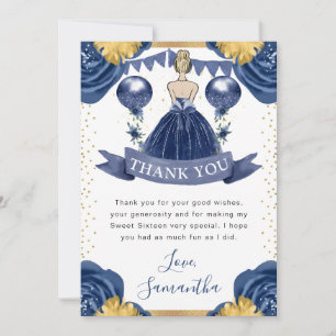 Navy Blue Dress Blonde Haired Princess Sweet 16 Thank You Card