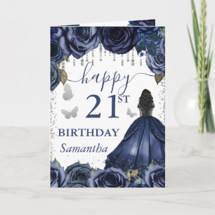 Navy Blue Dress Dark Skin Princess Birthday Card