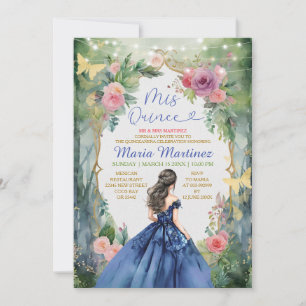Navy Blue Dress Forest Gold Butterfly Mis Quince Invitation