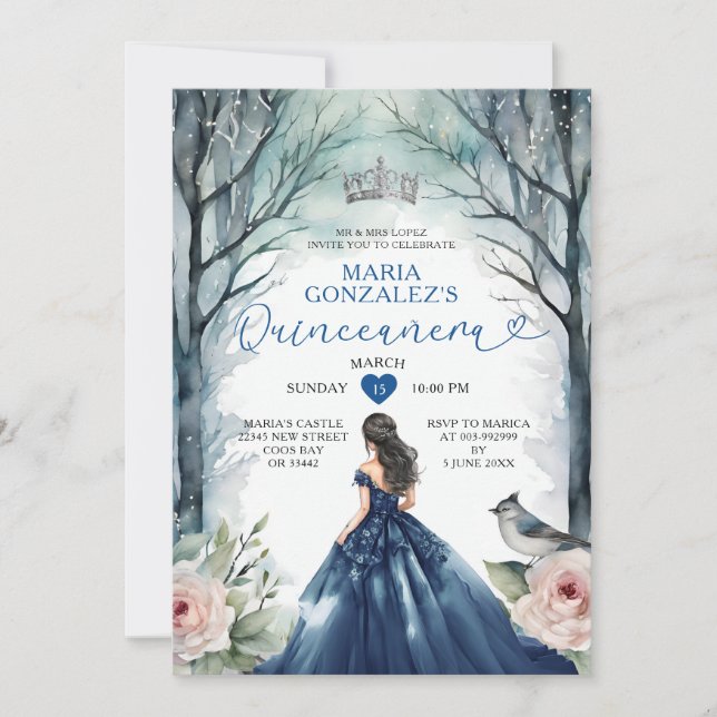 Navy Blue Dress Winter Floral Forest Quinceañera Invitation (Front)