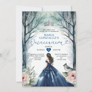 Navy Blue Dress Winter Floral Forest Quinceañera Invitation
