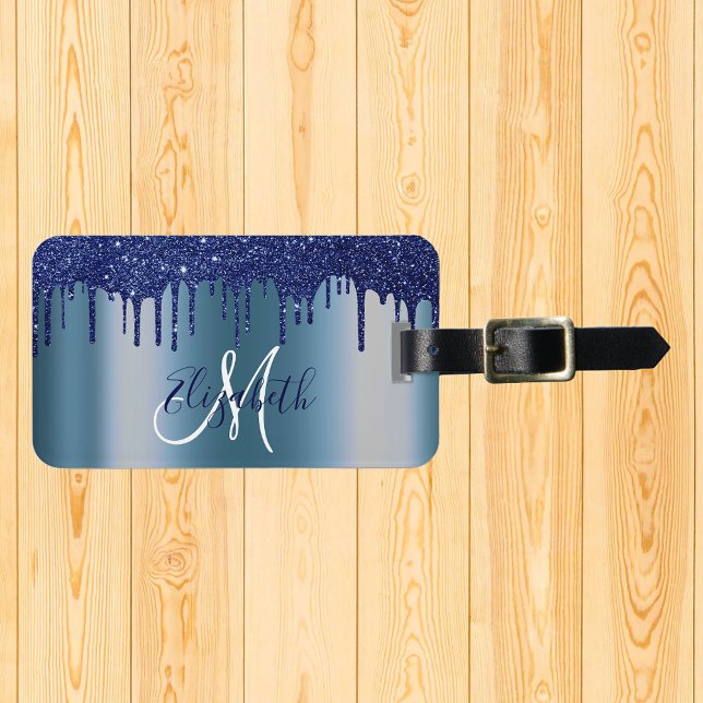 Navy Blue Drips Glitter Metal Monogram  Luggage Tag (Creator Uploaded)