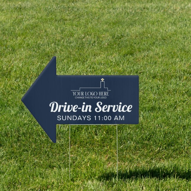 Navy Blue Drive-in Service Church With Logo Sign (Insitu)