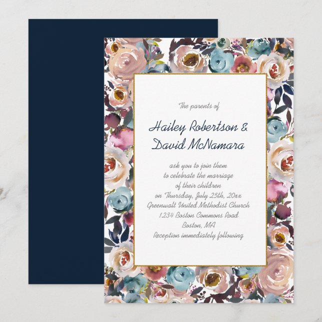 Navy Blue Dusk Blue Mauve Gold Wedding | Invitation (Front/Back)