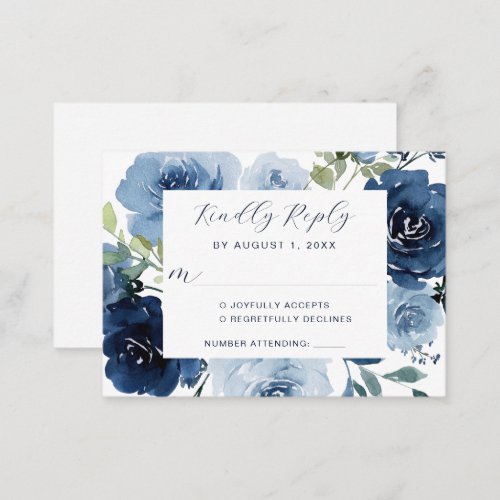 Navy Blue Dusty Blue Elegant Floral Wedding RSVP Enclosure Card