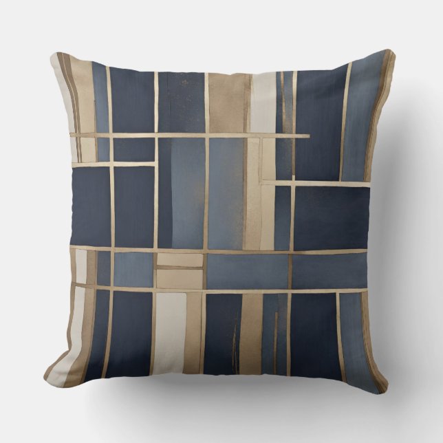 Navy Blue Dusty Blue Tan Plaid Throw Pillow (Front)