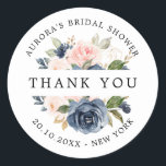 Navy Blue Dusty Blush Bridal shower thank you Classic Round Sticker<br><div class="desc">Dark navy blue blush pink floral bridal shower thank you sticker featuring elegant bouquet of navy blue,  royal blue ,  white ,  blush rose and sage green eucalyptus leaves. Please contact me for any help in customization or if you need any other product with this design.</div>