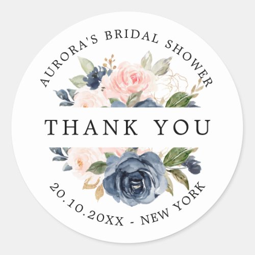 Navy Blue Dusty Blush Bridal shower thank you Classic Round Sticker