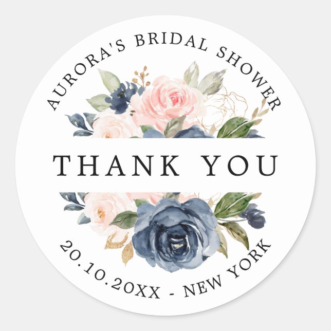 Navy Blue Dusty Blush Bridal shower thank you Classic Round Sticker (Front)