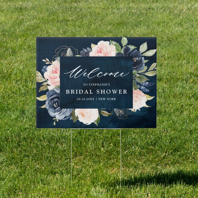 Navy Blue Dusty Blush Pink Bridal Shower Welcome Sign (Insitu)