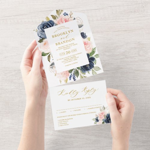 Navy Blue Dusty Blush Pink Floral Gold Wedding  All In One Invitation