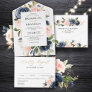Navy Blue Dusty Blush Pink Floral Wedding  All In  All In One Invitation