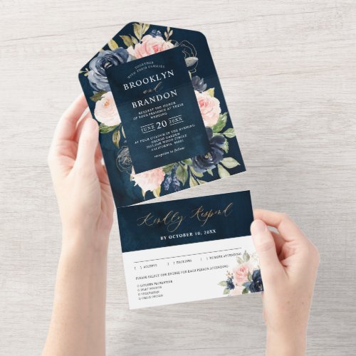 Navy Blue Dusty Blush Pink Floral Wedding  All In One Invitation