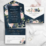 Navy Blue Dusty Blush Pink Floral Wedding  All In One Invitation<br><div class="desc">Dark navy blue blush pink floral wedding Invitation featuring elegant bouquet of navy blue,  royal blue ,  white ,  blush rose and sage green eucalyptus leaves. Please contact me for any help in customization or if you need any other product with this design.</div>