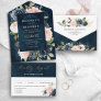 Navy Blue Dusty Blush Pink Floral Wedding  All In One Invitation