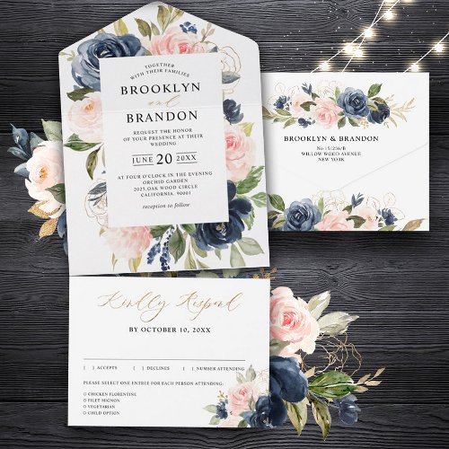 Navy Blue Dusty Blush Pink Floral Wedding All In One Invitation