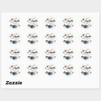 Navy Blue Dusty Blush Pink Floral Wedding Classic Round Sticker | Zazzle