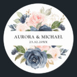 Navy Blue Dusty Blush Pink Floral Wedding  Classic Round Sticker<br><div class="desc">Dark navy blue blush pink floral wedding sticker featuring elegant bouquet of navy blue,  royal blue ,  white ,  blush rose and sage green eucalyptus leaves. Please contact me for any help in customization or if you need any other product with this design.</div>