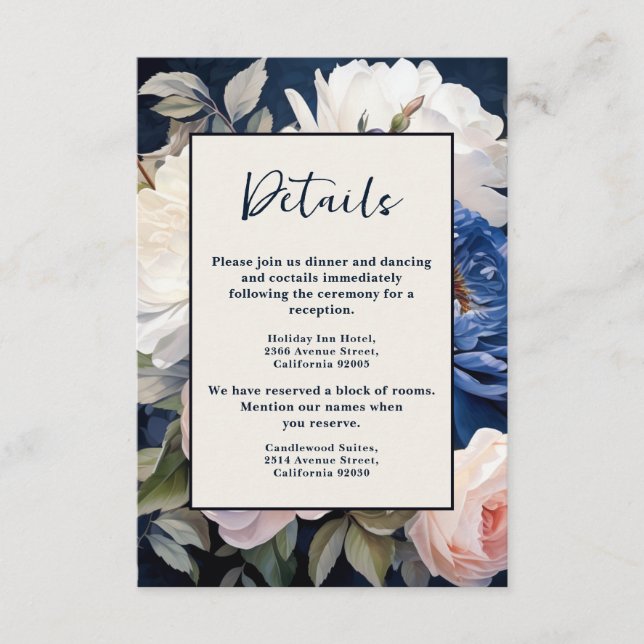 Navy Blue & Dusty Blush Pink Floral Wedding Enclosure Card (Front)