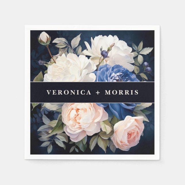 Navy Blue & Dusty Blush Pink Floral Wedding Napkins (Front)