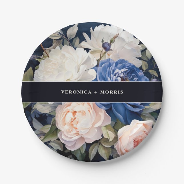 Navy Blue & Dusty Blush Pink Floral Wedding  Paper Plates (Front)