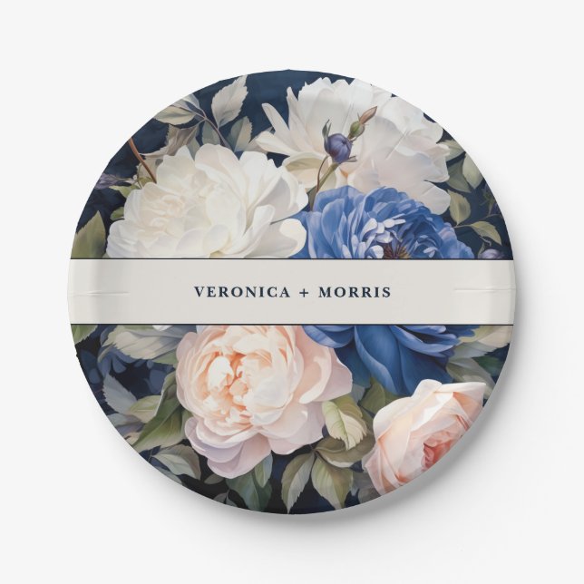 Navy Blue & Dusty Blush Pink Floral Wedding  Paper Plates (Front)