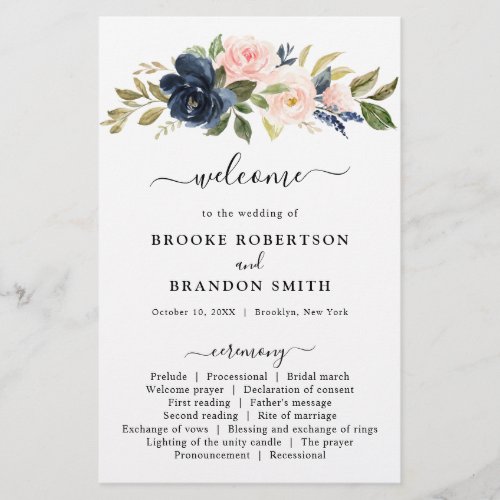 Navy Blue Dusty Blush Pink Floral Wedding Program