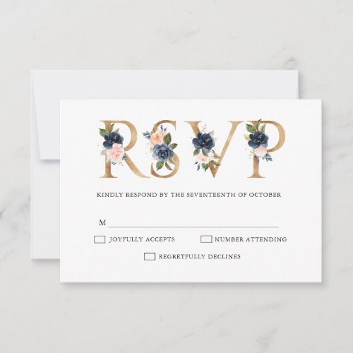 Navy Blue Dusty Blush Pink Floral Wedding RSVP Card