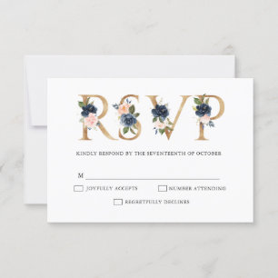 Navy Blue Dusty Blush Pink Floral Wedding RSVP Card