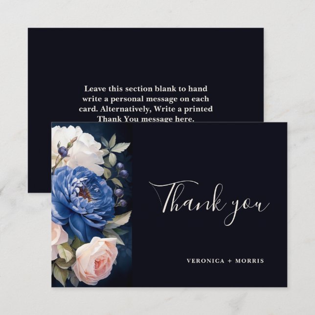 Navy Blue & Dusty Blush Pink Floral Wedding Thank You Card (Front/Back)
