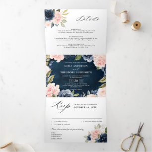 Navy Blue Dusty Blush Pink Floral Wedding  Tri-Fol Tri-Fold Announcement