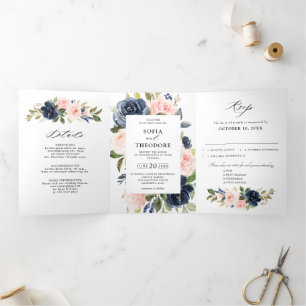 Navy Blue Dusty Blush Pink Floral Wedding  Tri-Fol Tri-Fold Announcement