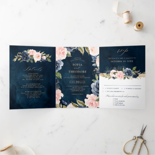 Navy Blue Dusty Blush Pink Floral Wedding  Tri_Fol Tri_Fold Announcement