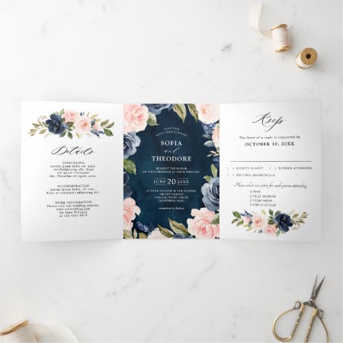 Navy Blue Dusty Blush Pink Floral Wedding  Tri_Fol Tri_Fold Announcement