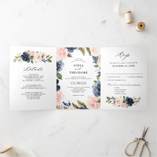 Navy Blue Dusty Blush Pink Floral Wedding  Tri_Fold Announcement