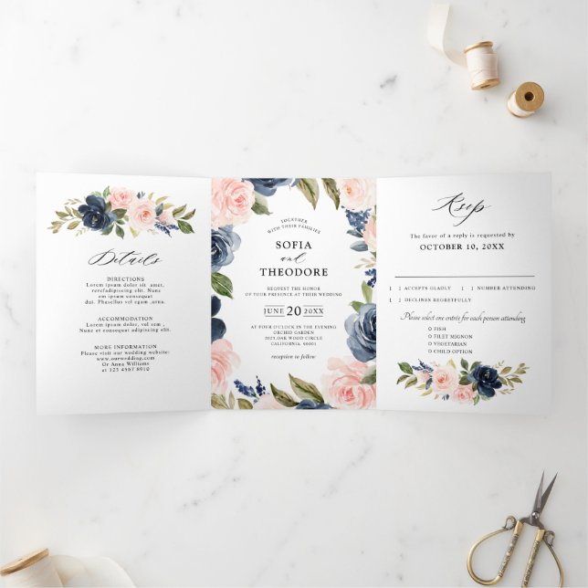 Navy Blue Dusty Blush Pink Floral Wedding  Tri-Fold Announcement (Inside)