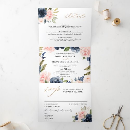 Navy Blue Dusty Blush Pink Floral Wedding  Tri_Fold Announcement