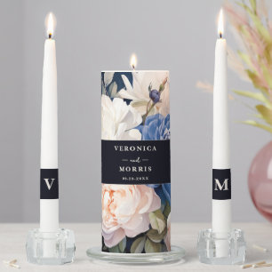 Navy Blue & Dusty Blush Pink Floral Wedding  Unity Candle Set